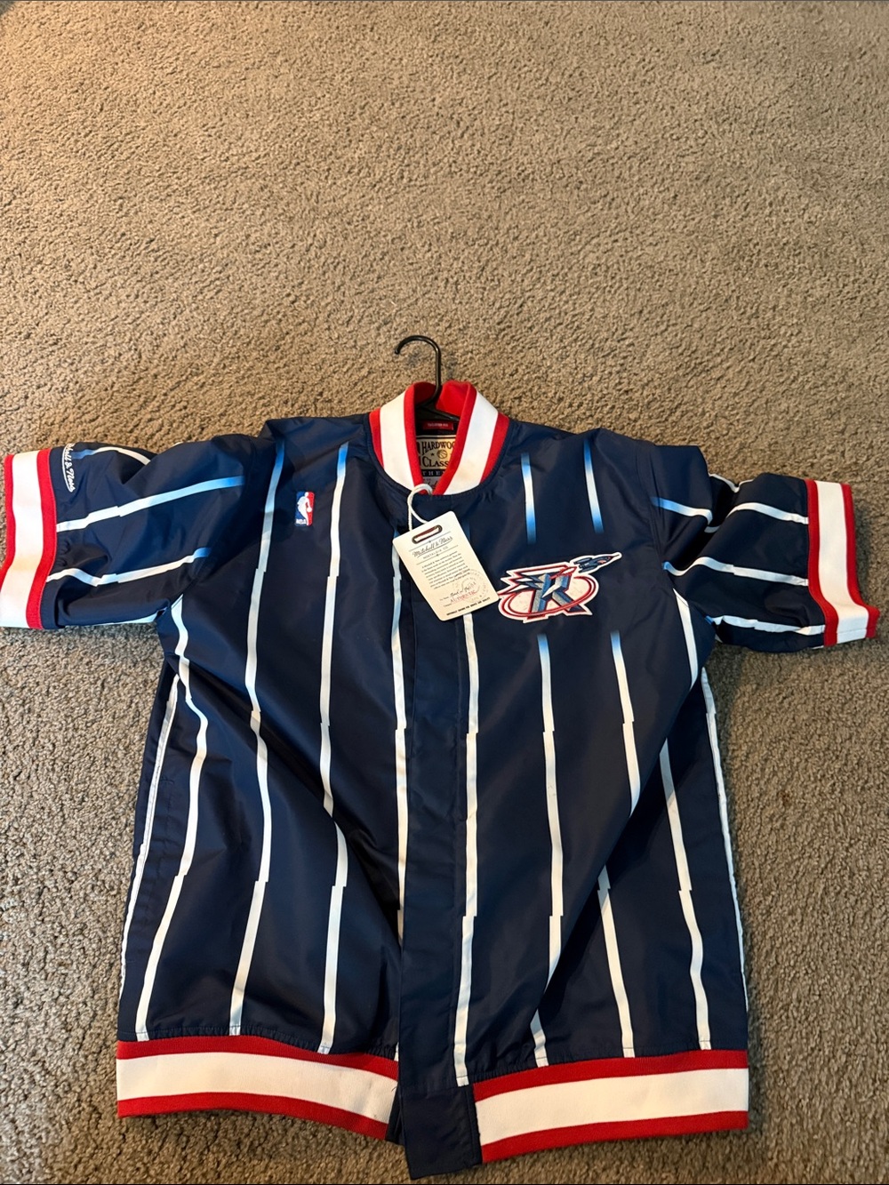 Mitchell & Ness Navy Pinstripe Basketball Jacket with Red & White Trim